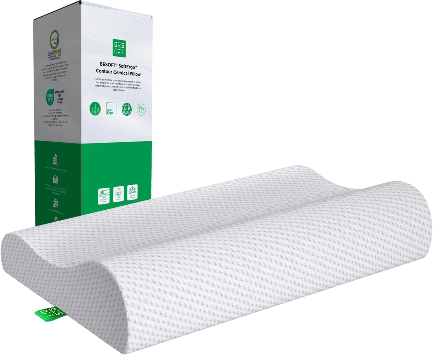 BESOFT SoftErgo Contour Cervical Pillow - Ergonomic Orthopedic Memory Foam Pillows for Sleeping Contoured Neck Support Pillow Pressure Pain Relief for Side Back Stomach Sleepers